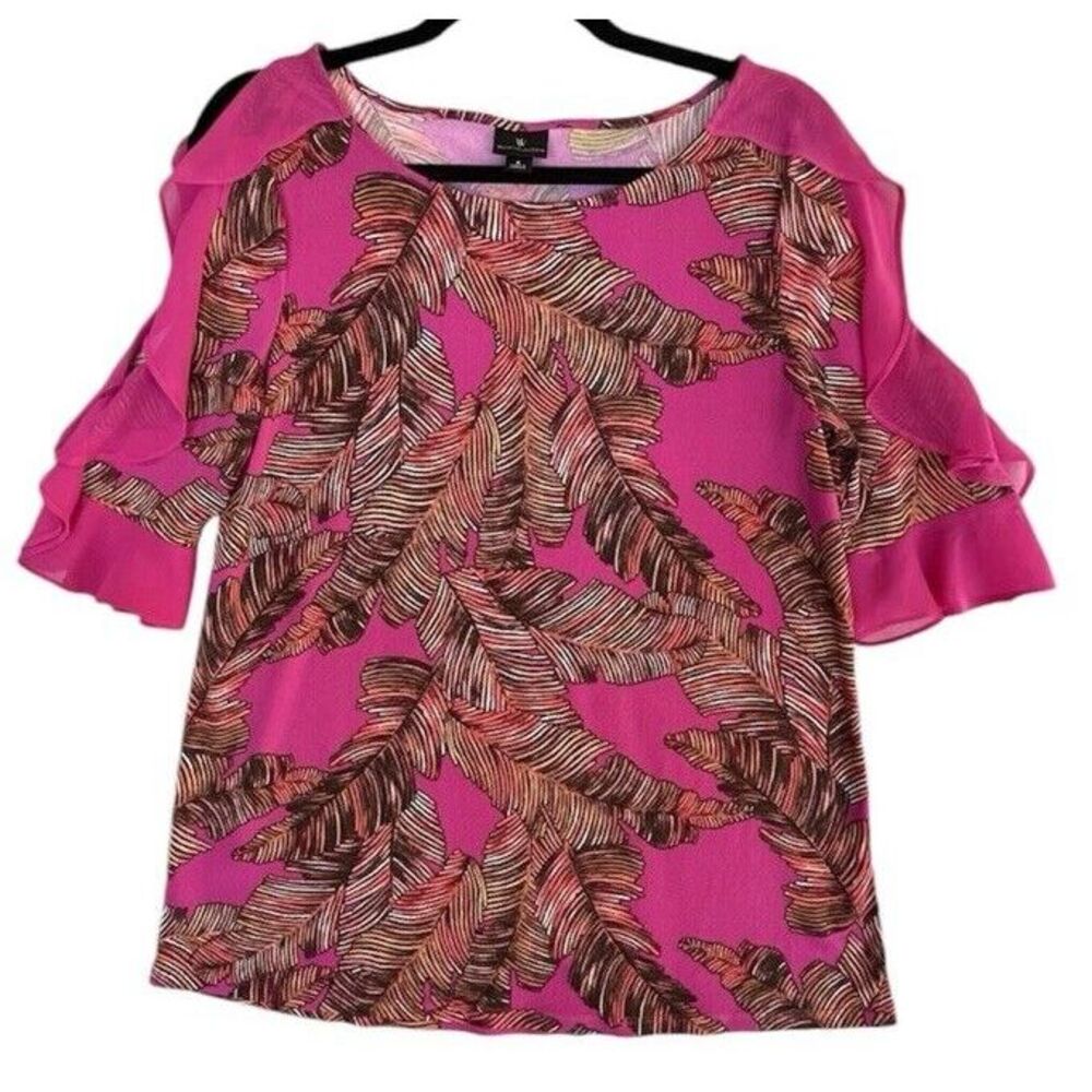 Worthington Shirt Womens Size Small Pink Ruffle Floral Feminine Work Maximalist